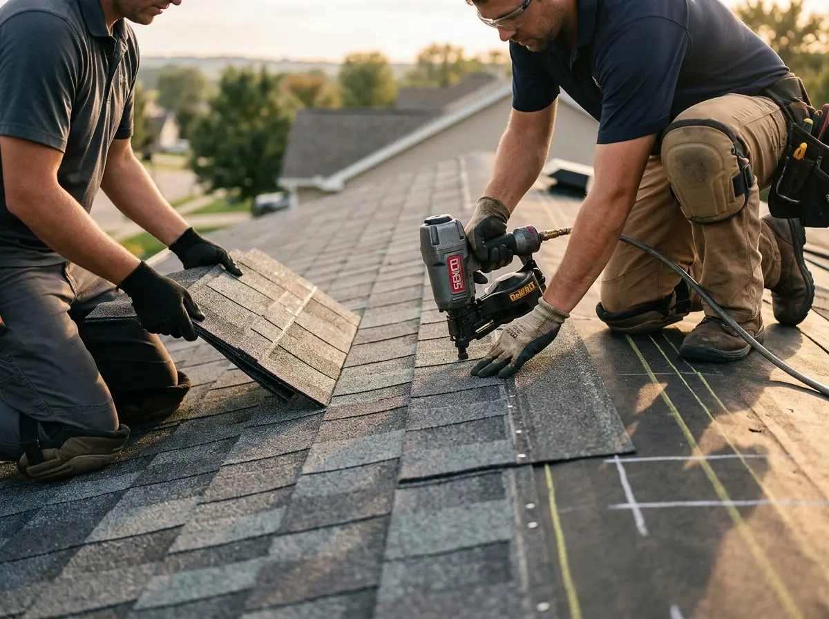 Professional roofer working on a residential roof in Pekin